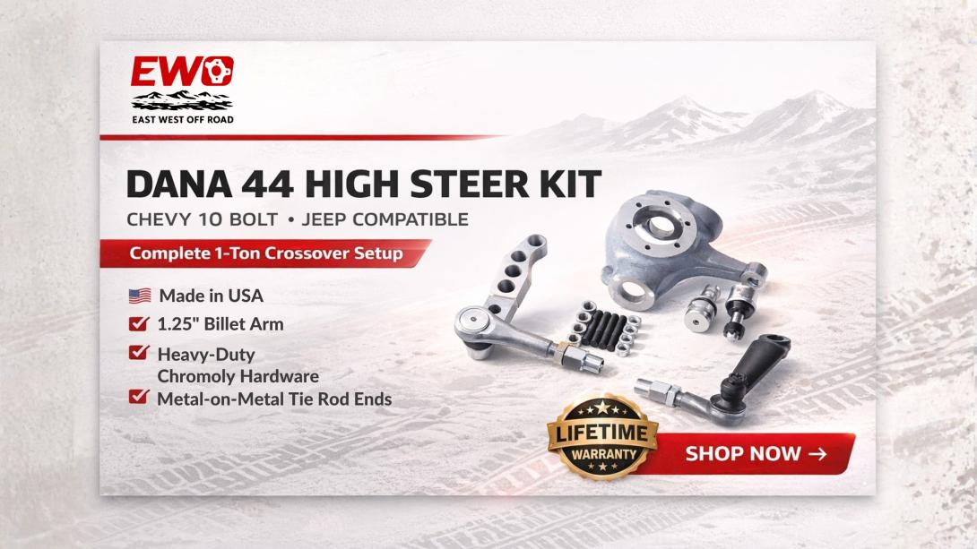 Improve Dana 44 or Chevy 10 Bolt steering with EWO’s 1-ton high steer kit, flat top knuckle, billet arm, pitman arm, and hardware.