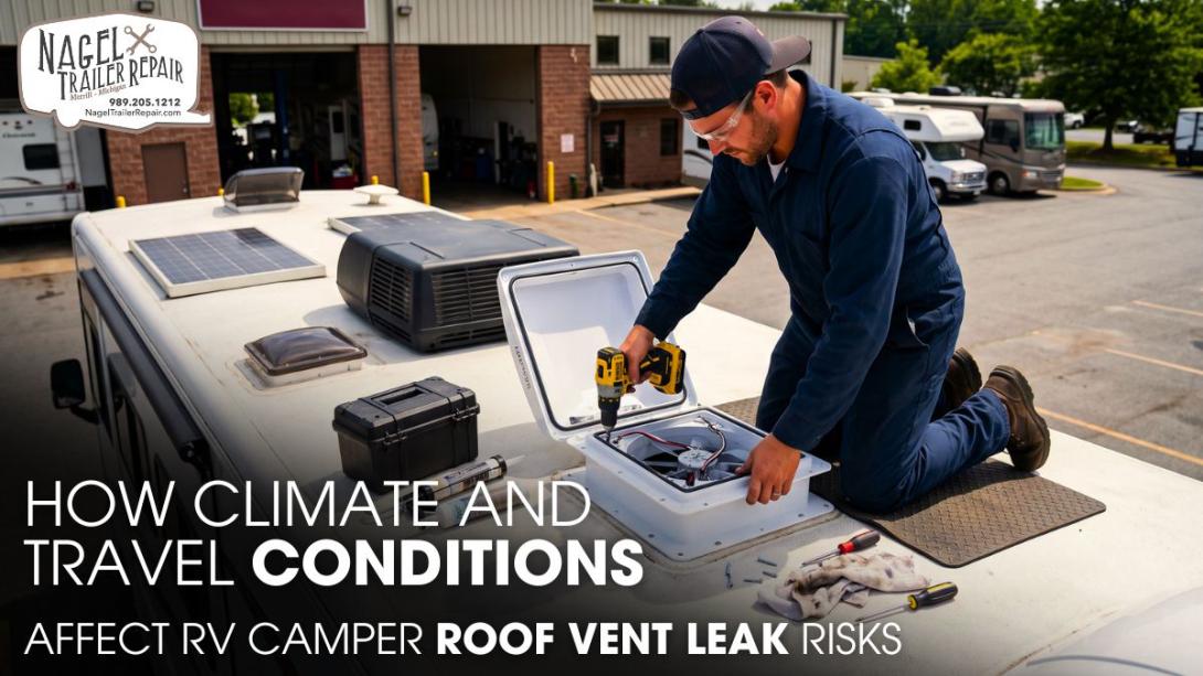 A Technician Repairing a Class A Motorhome's Roof Vent Outside Of a Workshop