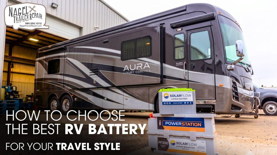 A Class A Motorhome Parked In Front of an RV Repair Shop for Battery Replacement Works