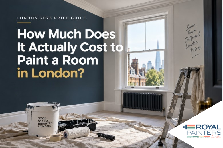 London room being professionally painted with decorating tools and a 2026 painting cost guide