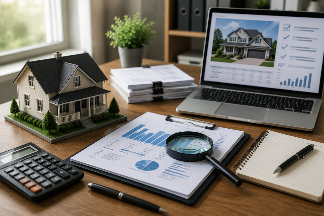Professional residential appraisal management setting with a home model, property valuation documents, calculator, laptop showing real estate data, and an appraiser reviewing information at a desk.